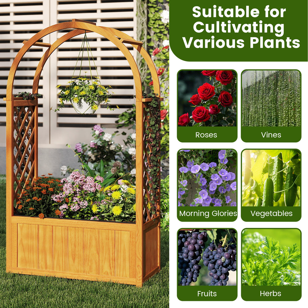 Wooden raised garden bed with arched roof and lattice trellis, made from pine wood, ideal for cultivating various.