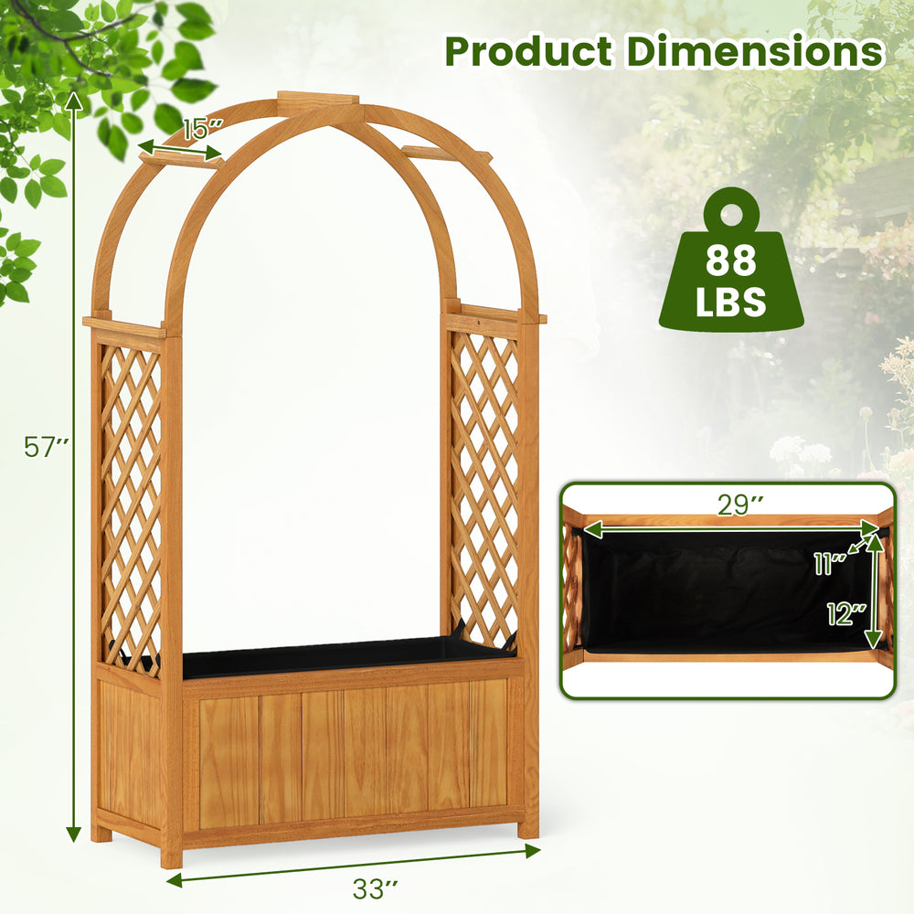 Wooden raised garden bed with lattice trellis and arched roof, made from natural pine wood, ideal for patios and.