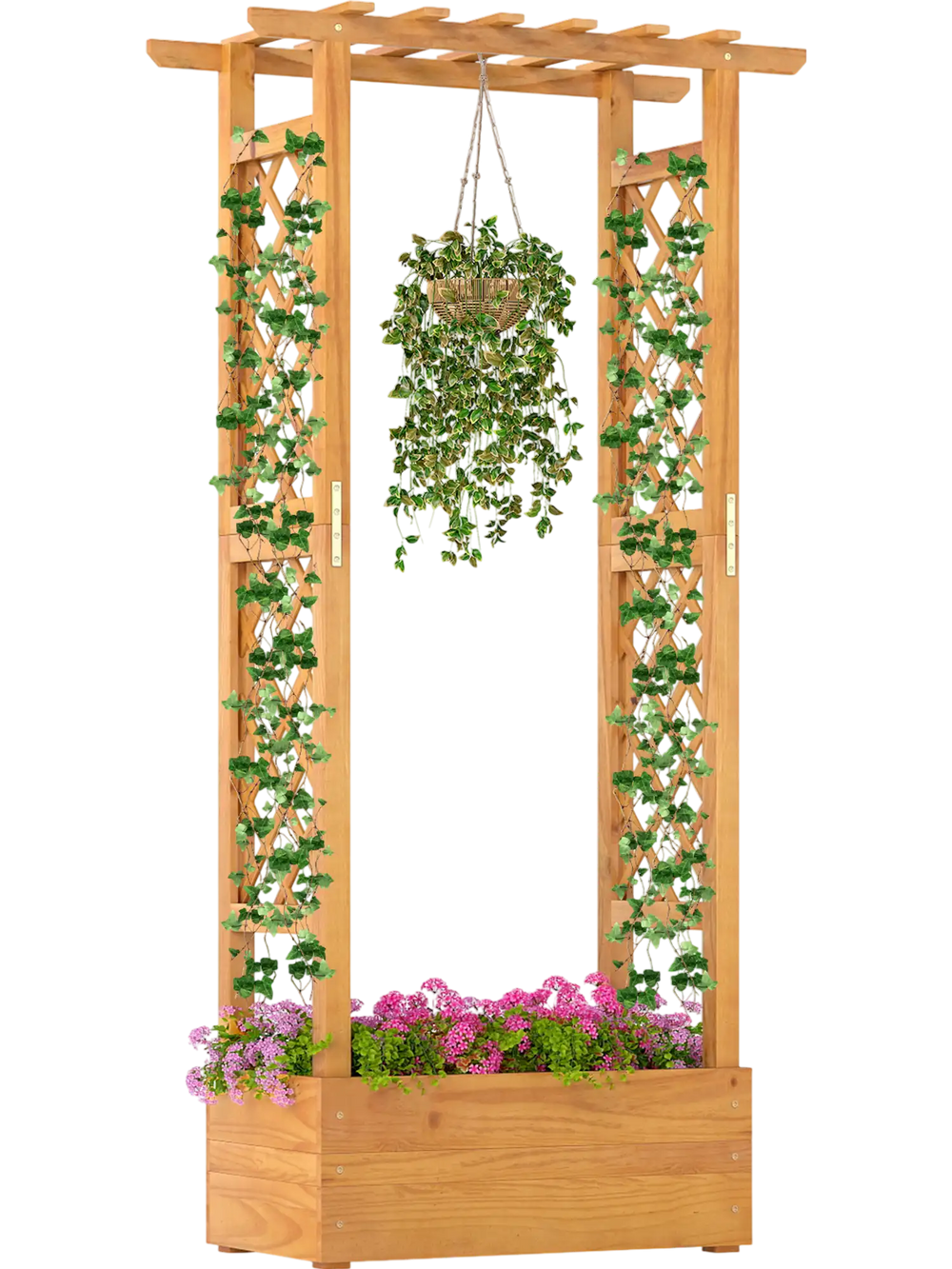 Wooden raised garden bed with lattice trellis, ideal for climbing plants and flowers, perfect for patios and balconies.