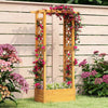 Wooden raised garden bed with lattice trellis, featuring a flat roof, ideal for climbing plants and garden decor.