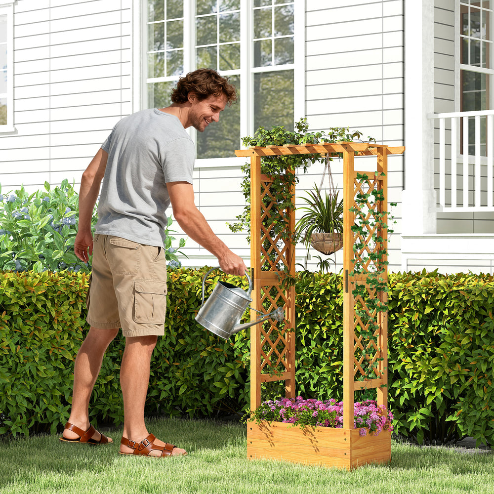 Wooden raised garden bed with lattice trellis, made from natural pine wood, ideal for patios and vertical plant growth.