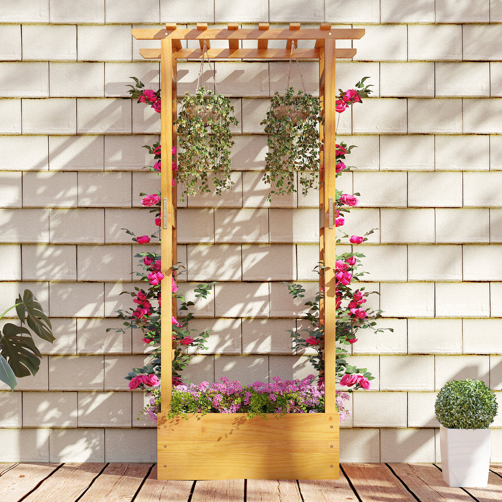 Wooden raised garden bed with lattice trellis and hanging roof, made from natural pine wood, perfect for patios and.