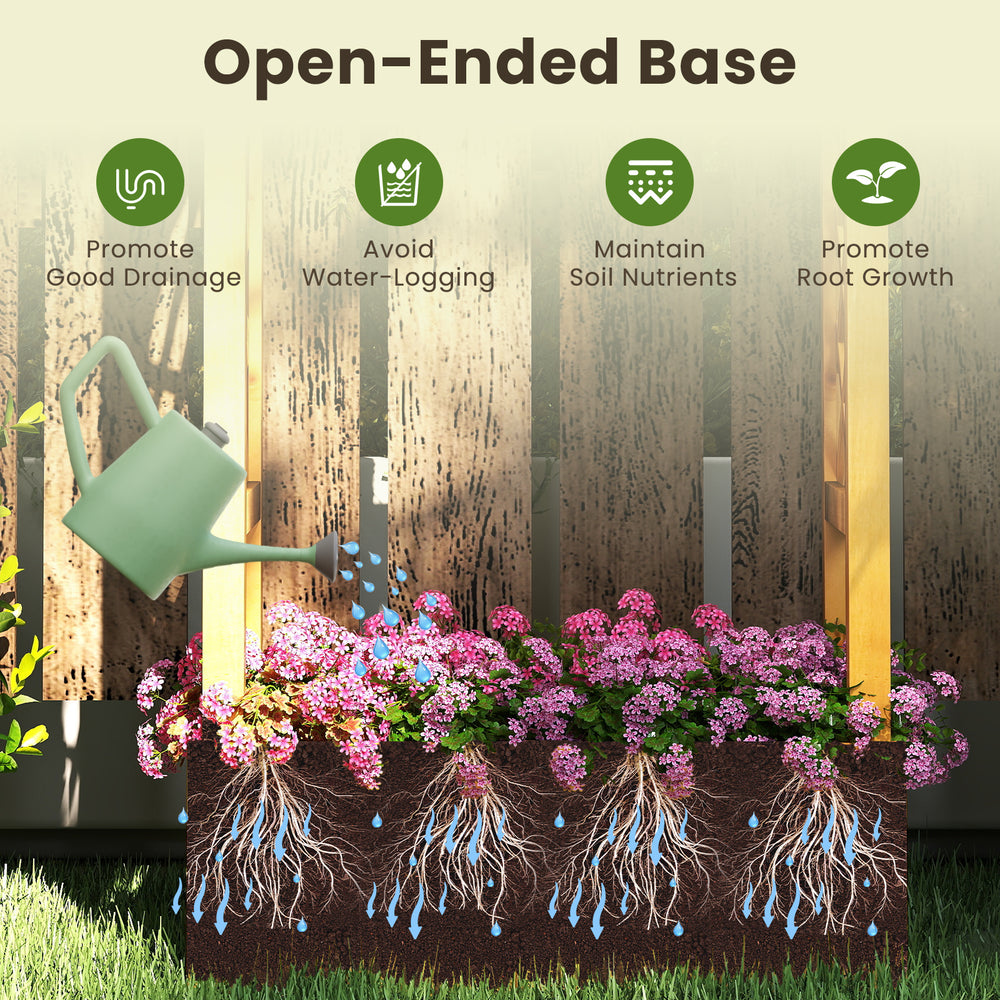 Open-ended base of the wooden raised garden bed promotes drainage and root growth for healthy plant cultivation.