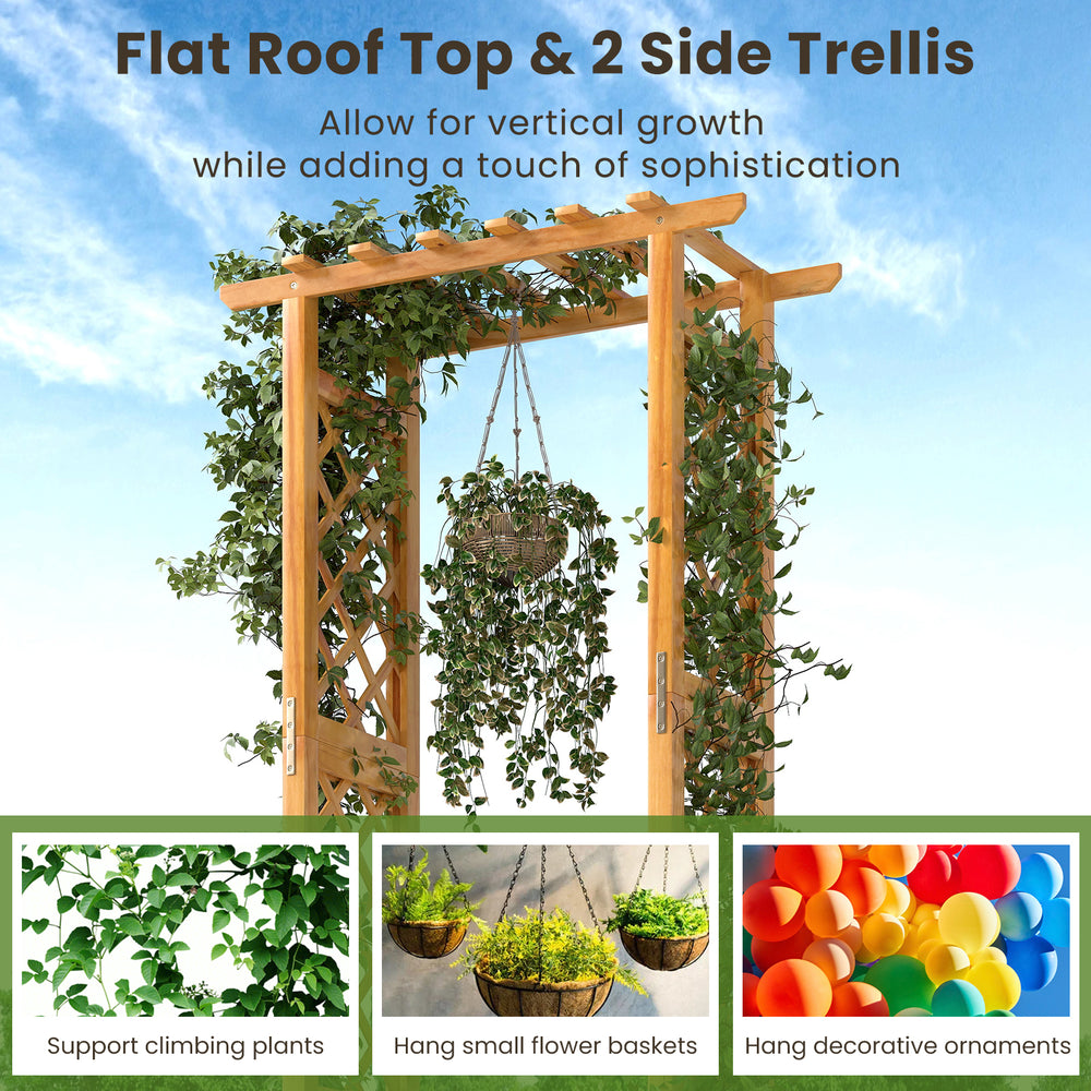 Wooden raised garden bed with flat roof and trellis, made from natural pine wood, perfect for climbing plants and decor.