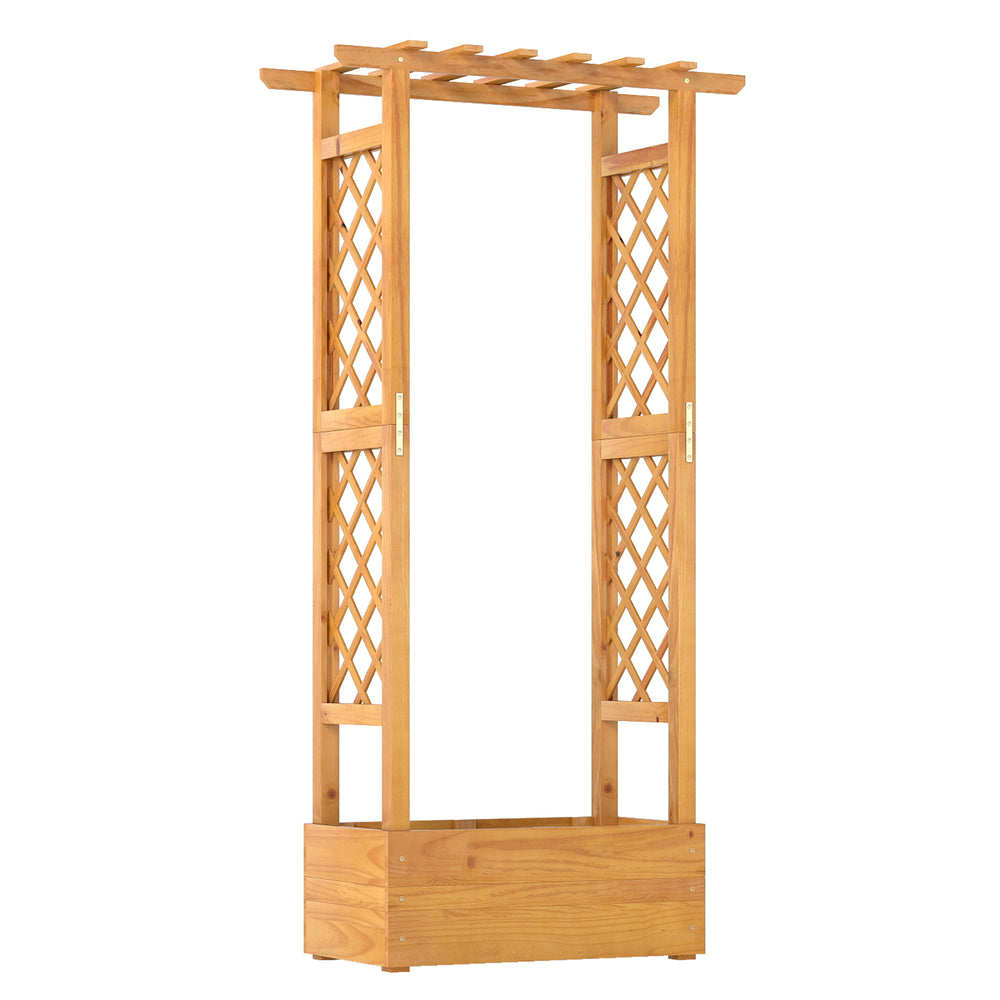 Wooden raised garden bed with lattice trellis and flat roof, made from natural pine wood, ideal for patios and.