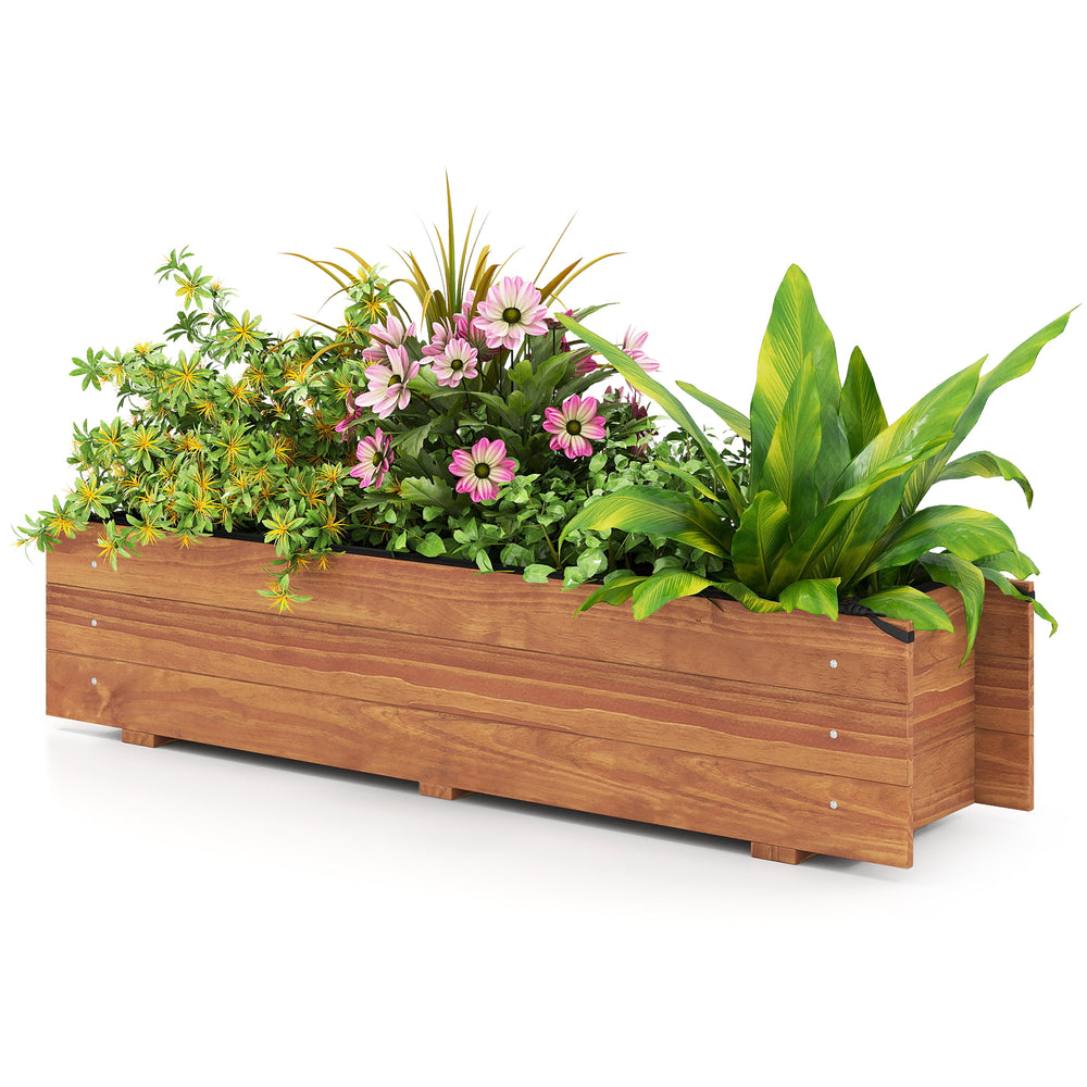 Wooden raised garden bed in orange with drainage holes, perfect for flowers and herbs in patios or backyards.