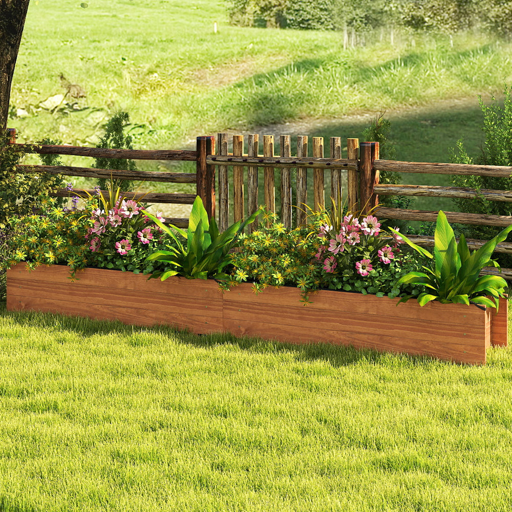 Wooden raised garden bed in orange showcasing spacious design, perfect for cultivating herbs, flowers, and vegetables.