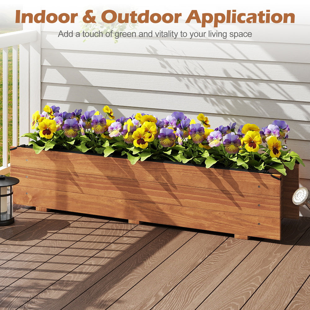 Wooden raised garden bed with vibrant flowers, made from natural pine wood, perfect for indoor and outdoor use.
