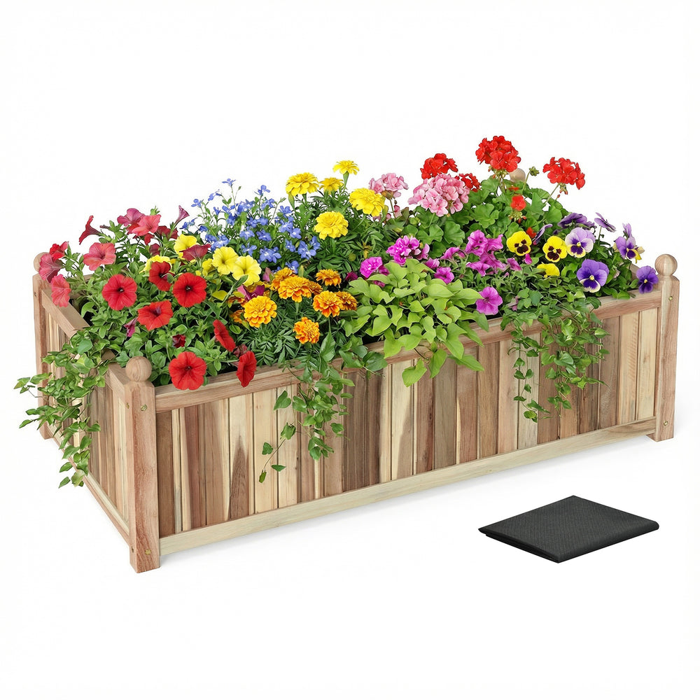 Wooden raised garden bed made of natural acacia wood, filled with colorful flowers, suitable for indoor and outdoor use.