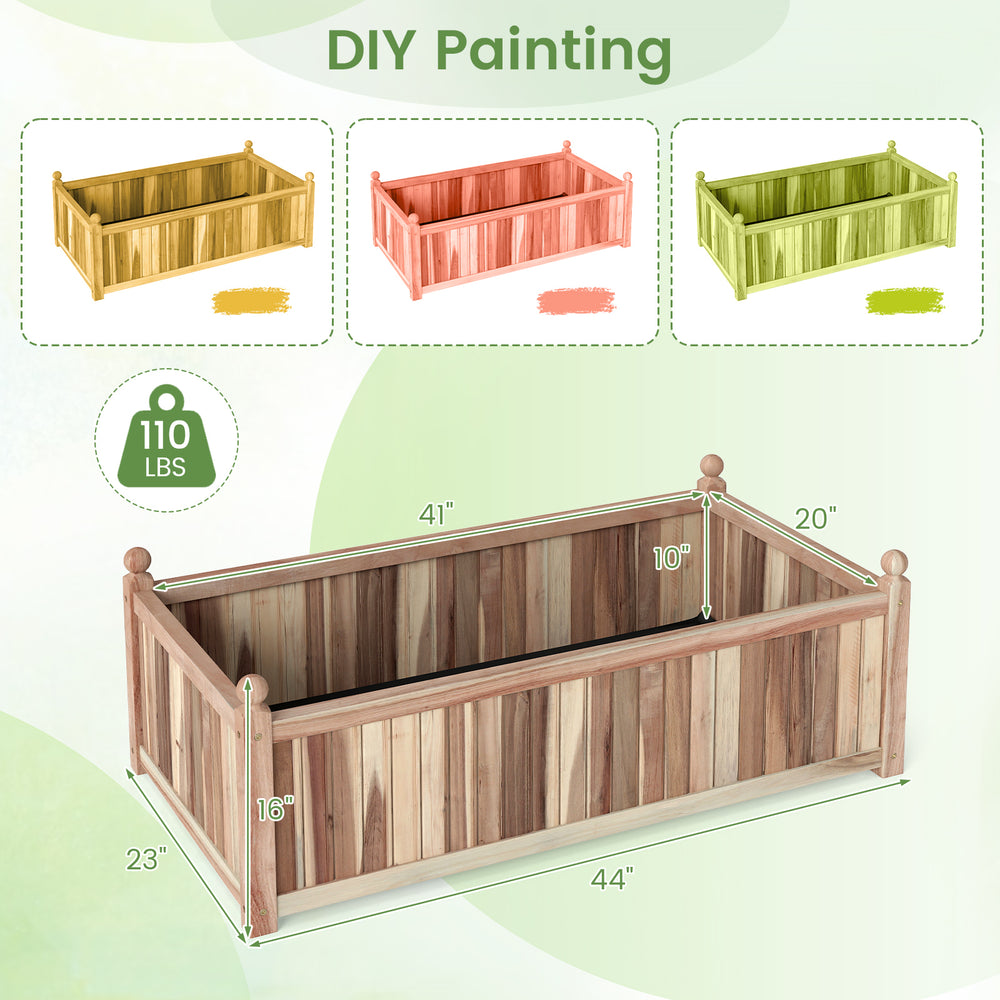 Wooden raised garden bed made of natural acacia wood, 44" x 23", with liner for indoor and outdoor planting.