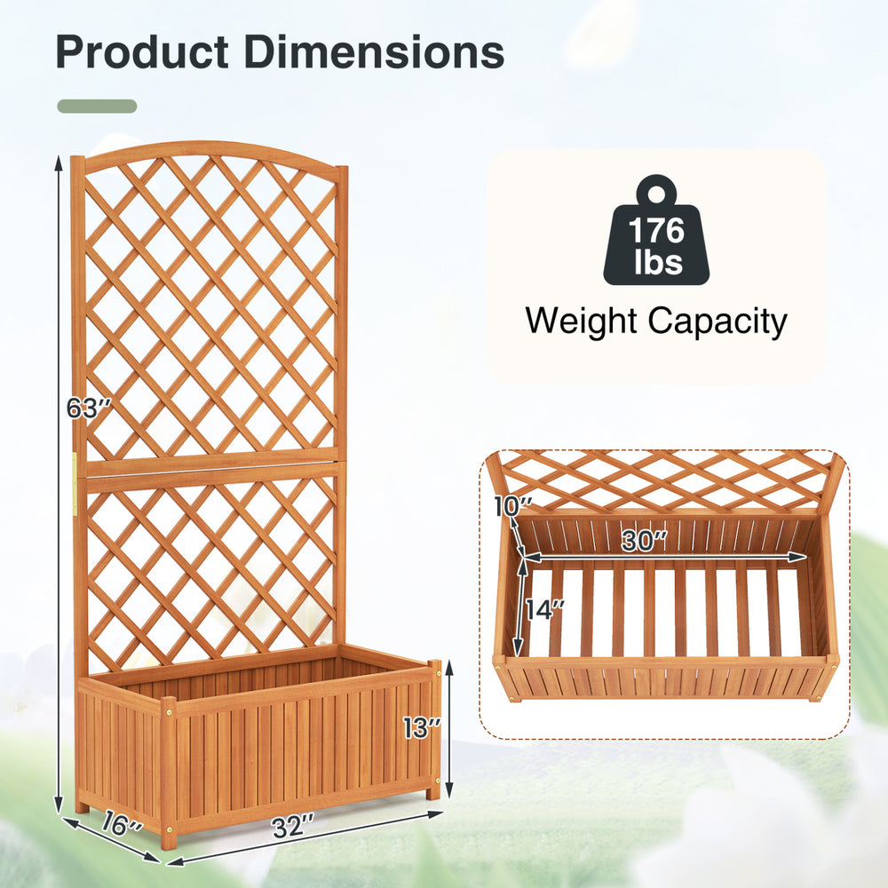 Wooden raised garden bed with trellis, 63 inches tall, made of acacia wood, ideal for growing plants in various spaces.