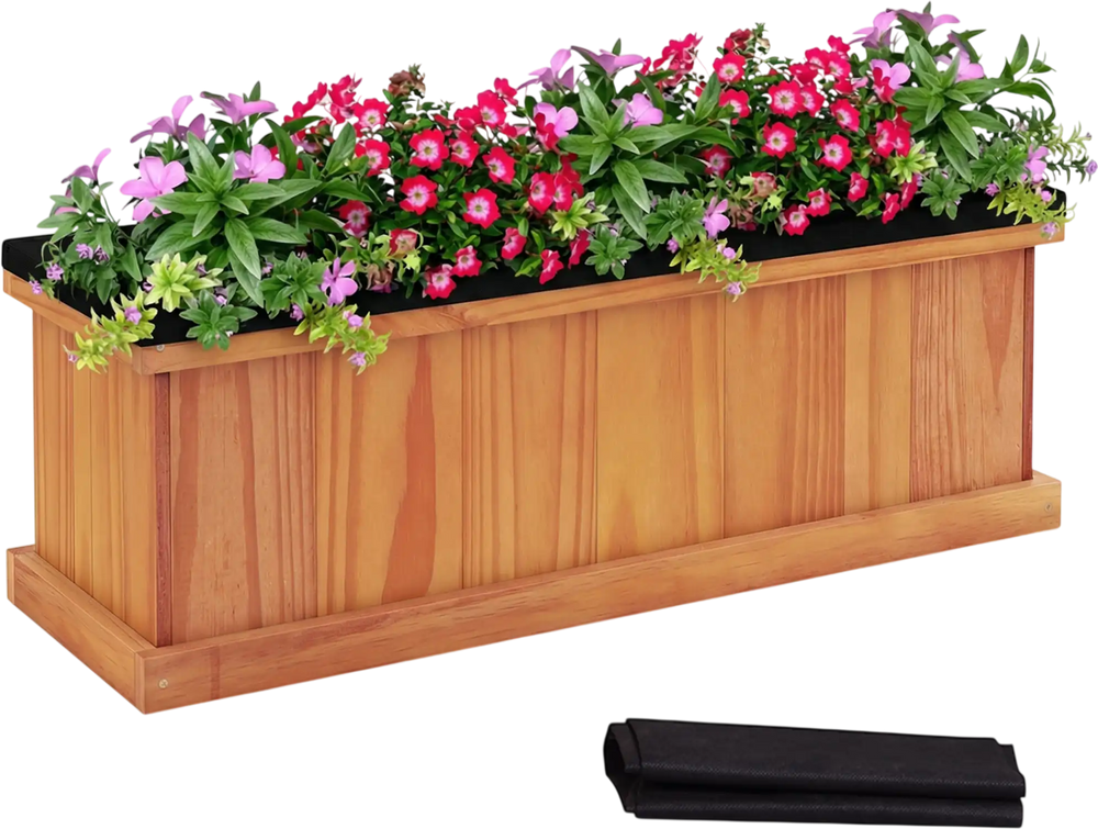 Wooden raised garden bed made of solid fir wood, featuring drainage holes and a liner, perfect for outdoor planting.
