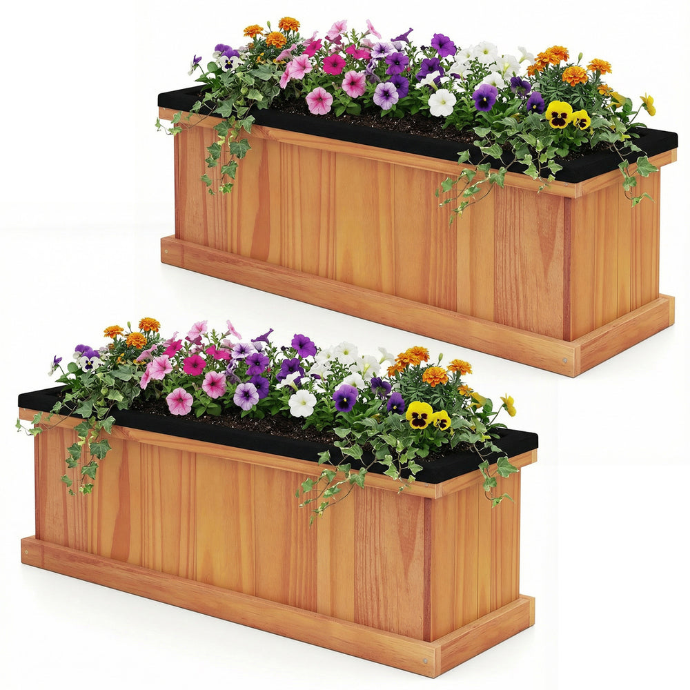 Wooden raised garden bed made of solid fir wood with drainage holes, featuring vibrant flowers for outdoor gardening.