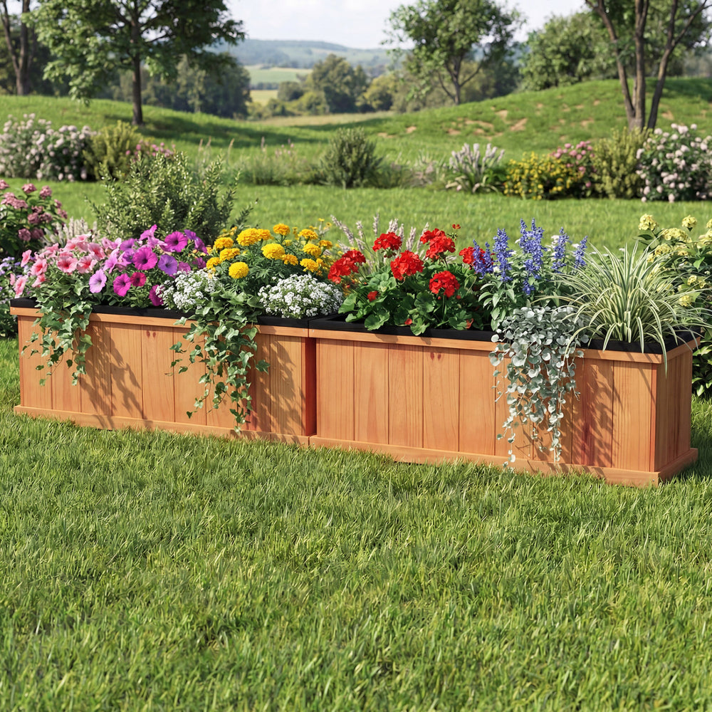 Wooden raised garden bed made of solid fir wood, featuring drainage holes and a liner, ideal for outdoor planting.