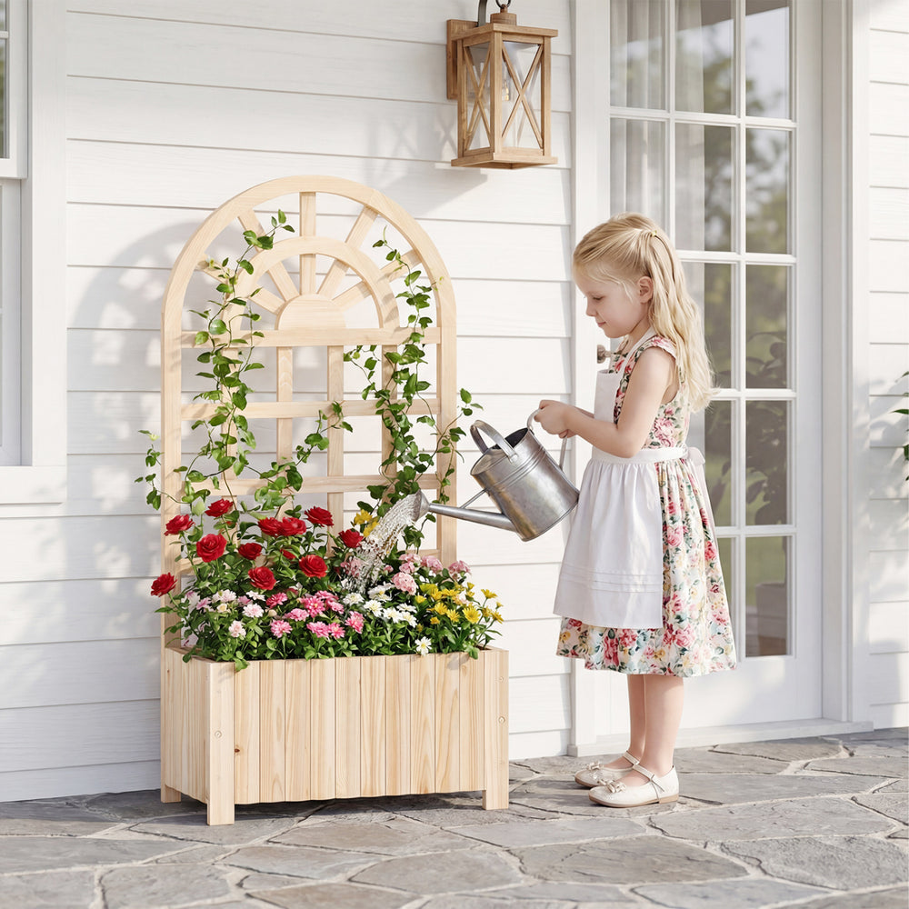 Wooden Raised Garden Bed with Trellis 48 Inch Outdoor Screen-Natural - Gallery View 1 of 10