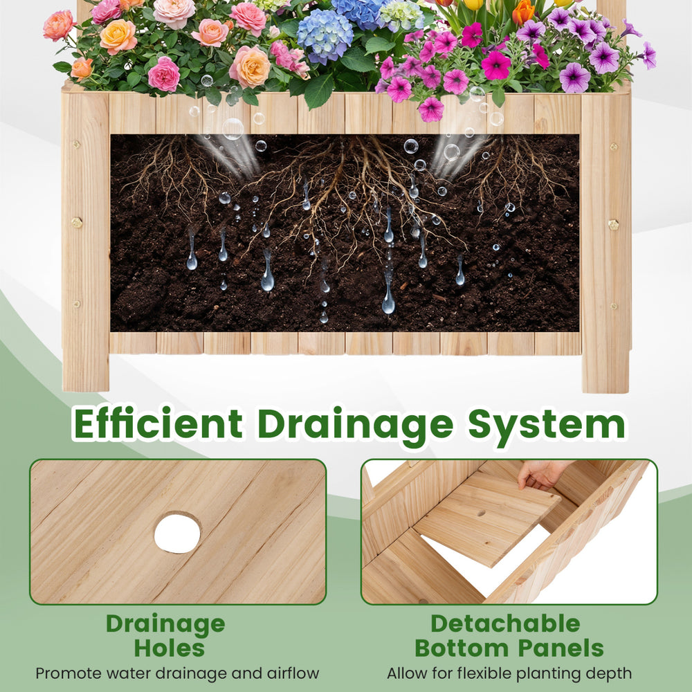 Wooden raised garden bed with trellis featuring drainage holes and detachable bottom panels for flexible planting depth.
