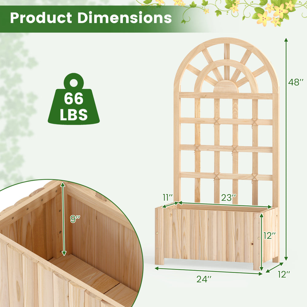 Wooden raised garden bed with trellis, 48 inches tall, made of solid fir wood for outdoor durability and stability.