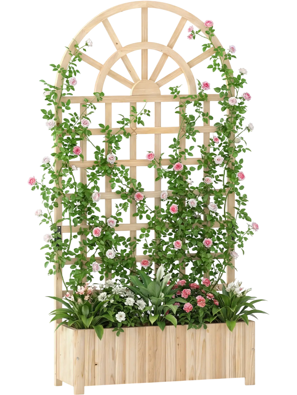 Wooden raised garden bed with trellis for climbing plants, featuring a natural finish and spacious planter box for.