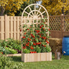 Wooden raised garden bed with trellis, featuring tomatoes and lettuce, perfect for outdoor vertical gardening.