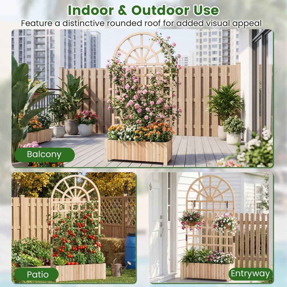 Wooden raised garden bed with trellis, featuring a rounded roof and natural finish, ideal for outdoor planting and.