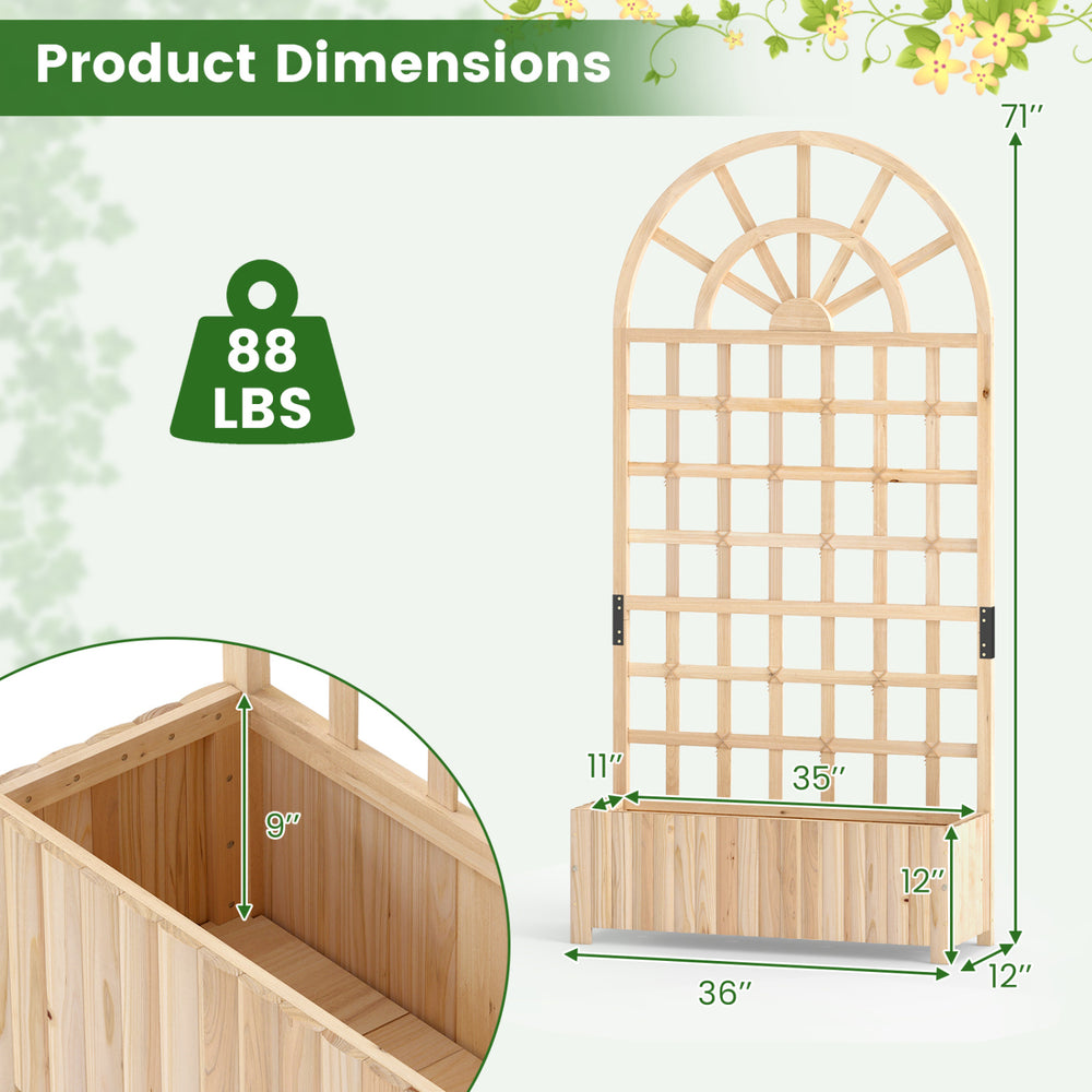 Wooden raised garden bed with trellis, 71" tall, natural fir wood, ideal for climbing plants and outdoor use.