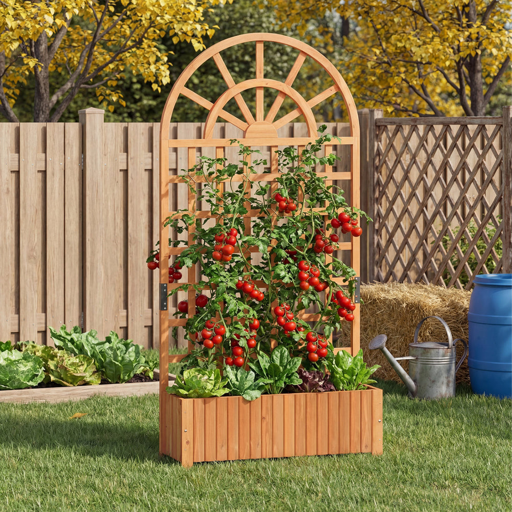 Wooden Raised Garden Bed with Trellis 71" Outdoor Planter Box Privacy Screen-Brown - Gallery View 1 of 9