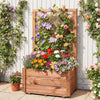 Wooden raised garden bed with lattice trellis, showcasing vibrant flowers and natural wood grain, perfect for outdoor.