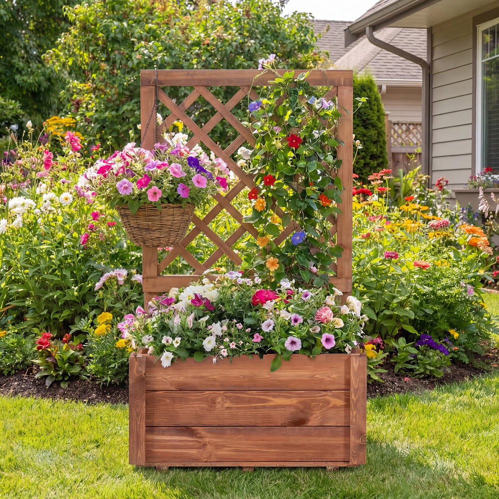 Wooden raised garden bed with lattice trellis, designed for climbing vines, enhancing any garden or patio space.