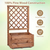 Wooden raised garden bed with lattice trellis, made from pine wood, featuring drainage holes for healthy plant growth.