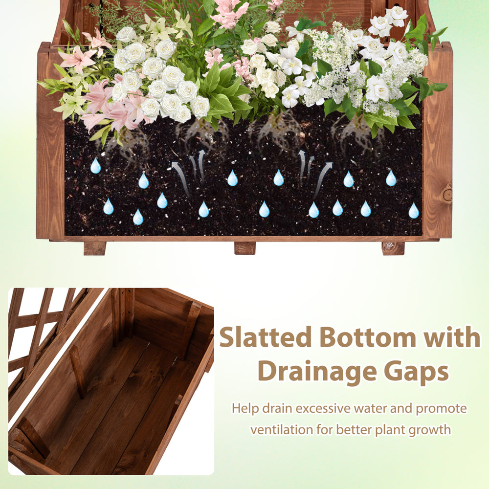Wooden raised garden bed with lattice trellis and drainage holes, ideal for nurturing plants in patios or gardens.