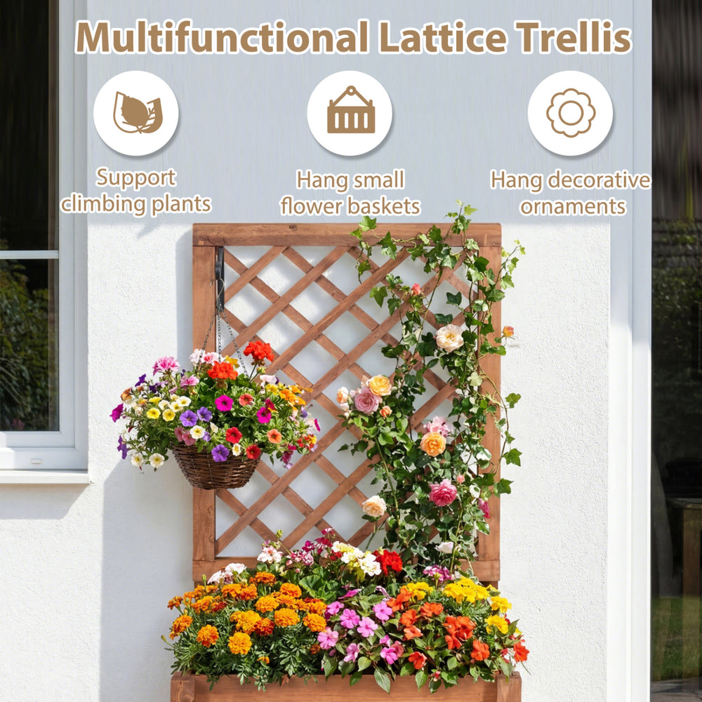 Wooden raised garden bed with lattice trellis, ideal for climbing plants and hanging pots, perfect for patios and.