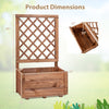 Wooden raised garden bed with lattice trellis, featuring drainage holes, ideal for patios and gardens. Dimensions shown.