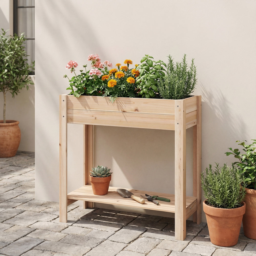 Wooden raised garden bed with legs and storage shelf, made of natural fir wood, ideal for growing herbs and flowers.