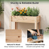 Wooden raised garden bed with legs, made of natural fir wood, featuring a storage shelf for gardening tools and plants.