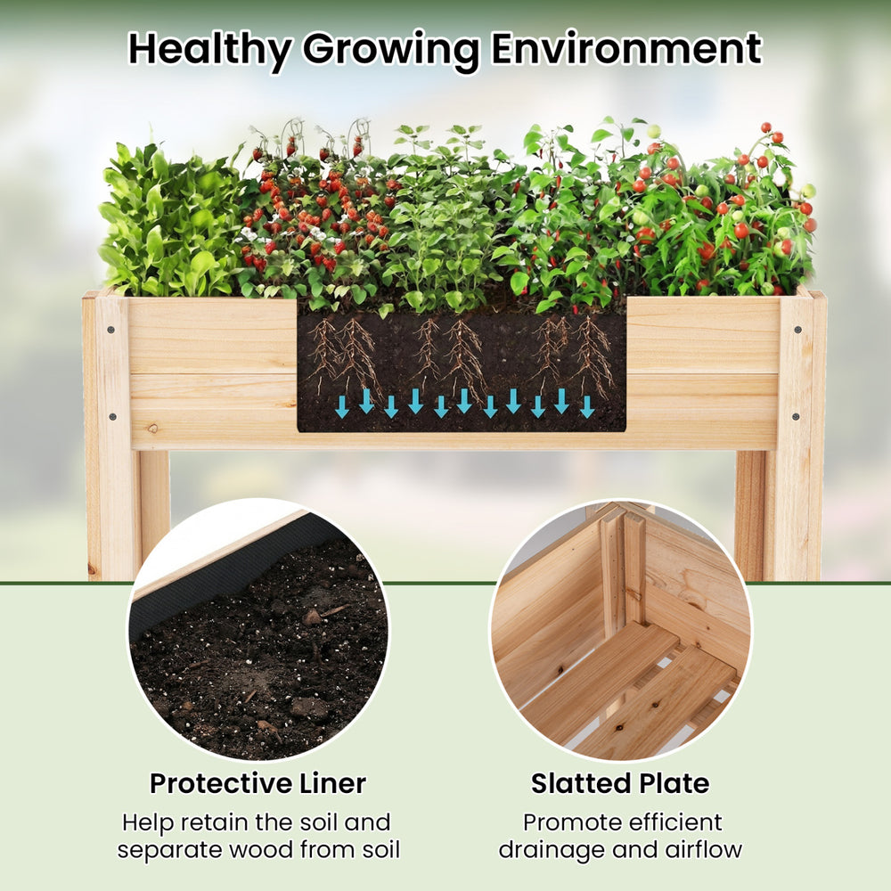 Wooden raised garden bed with legs, protective liner, and slatted plate for efficient drainage, perfect for growing.