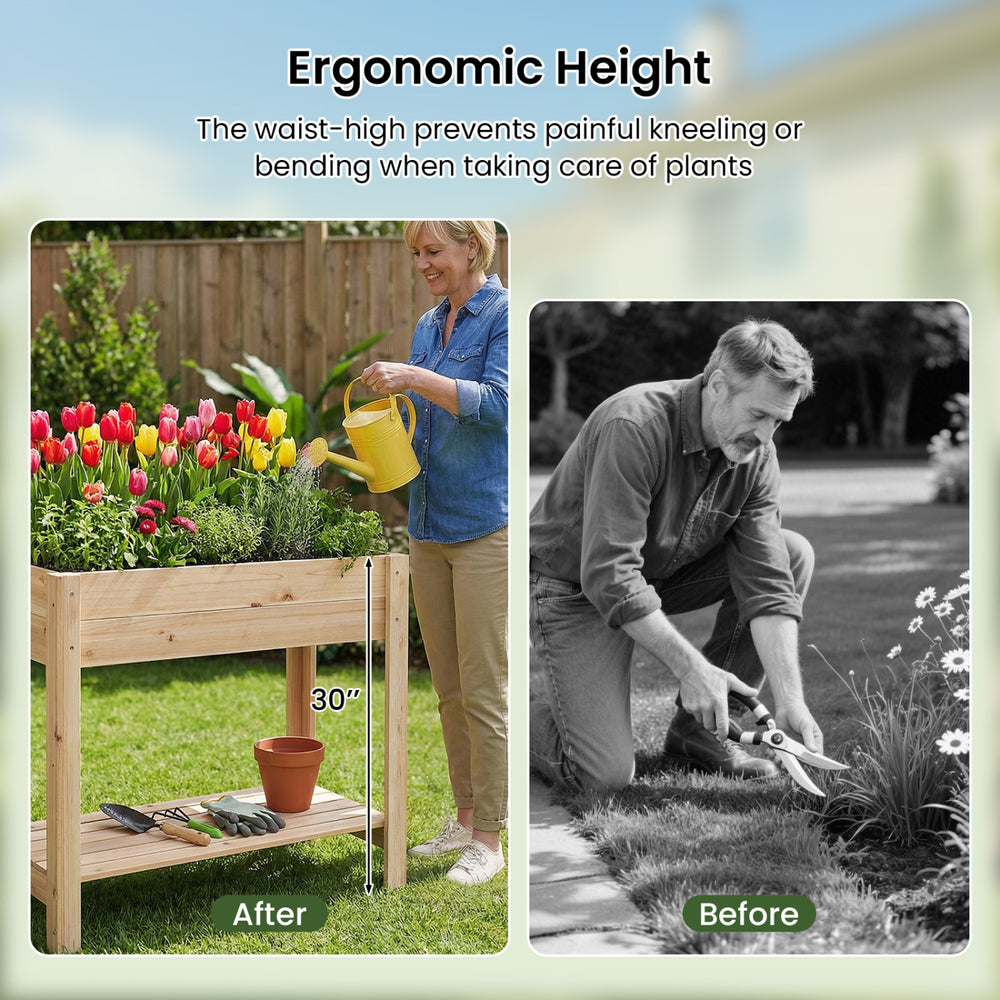 Wooden raised garden bed with legs and storage shelf, made of natural fir wood, ideal for growing plants at waist.