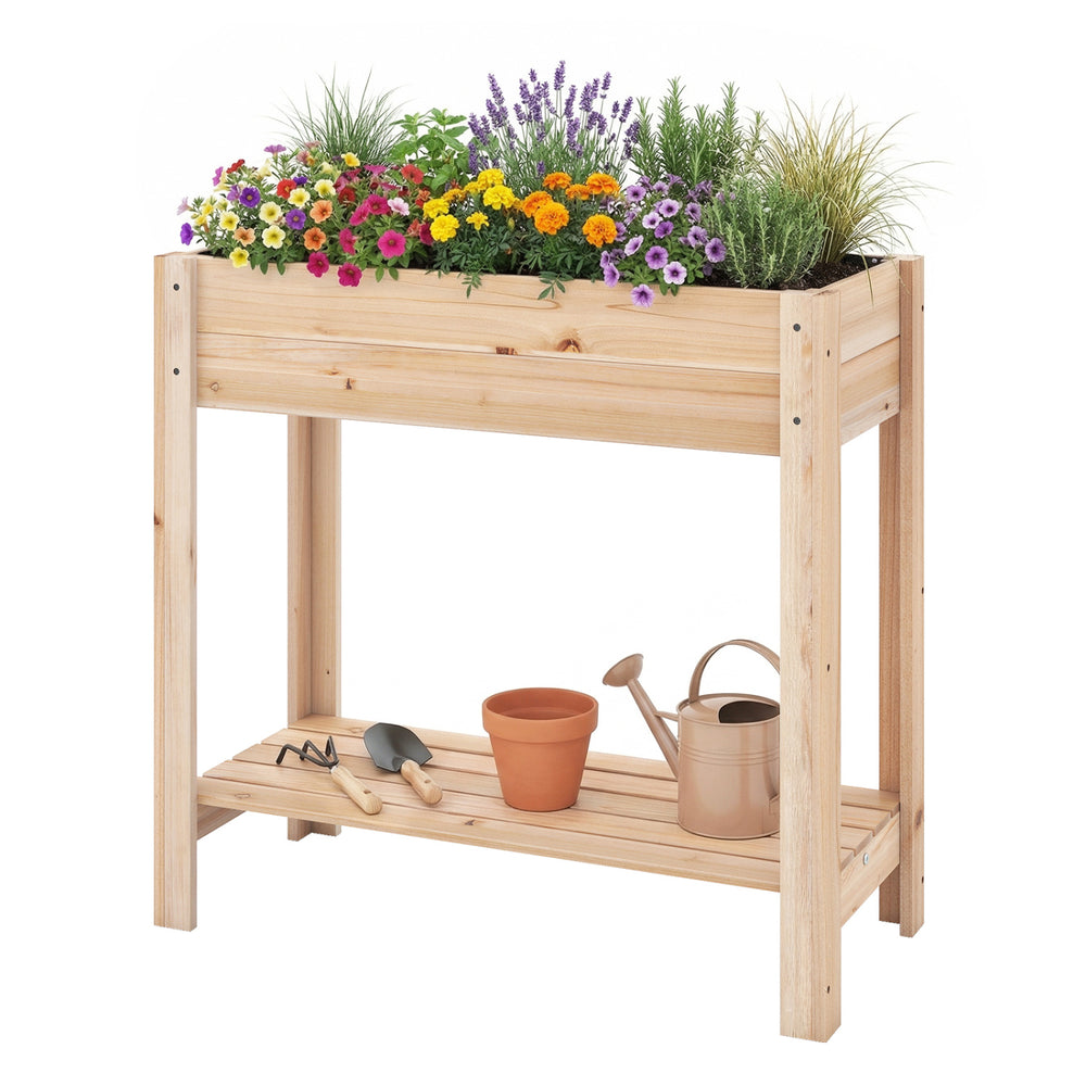 Wooden raised garden bed with legs and storage shelf, made of fir wood, ideal for growing flowers and herbs outdoors.