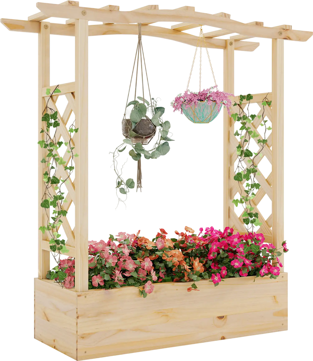 Wooden Raised Garden Bed Planter Box with Trellis and Hanging Roof