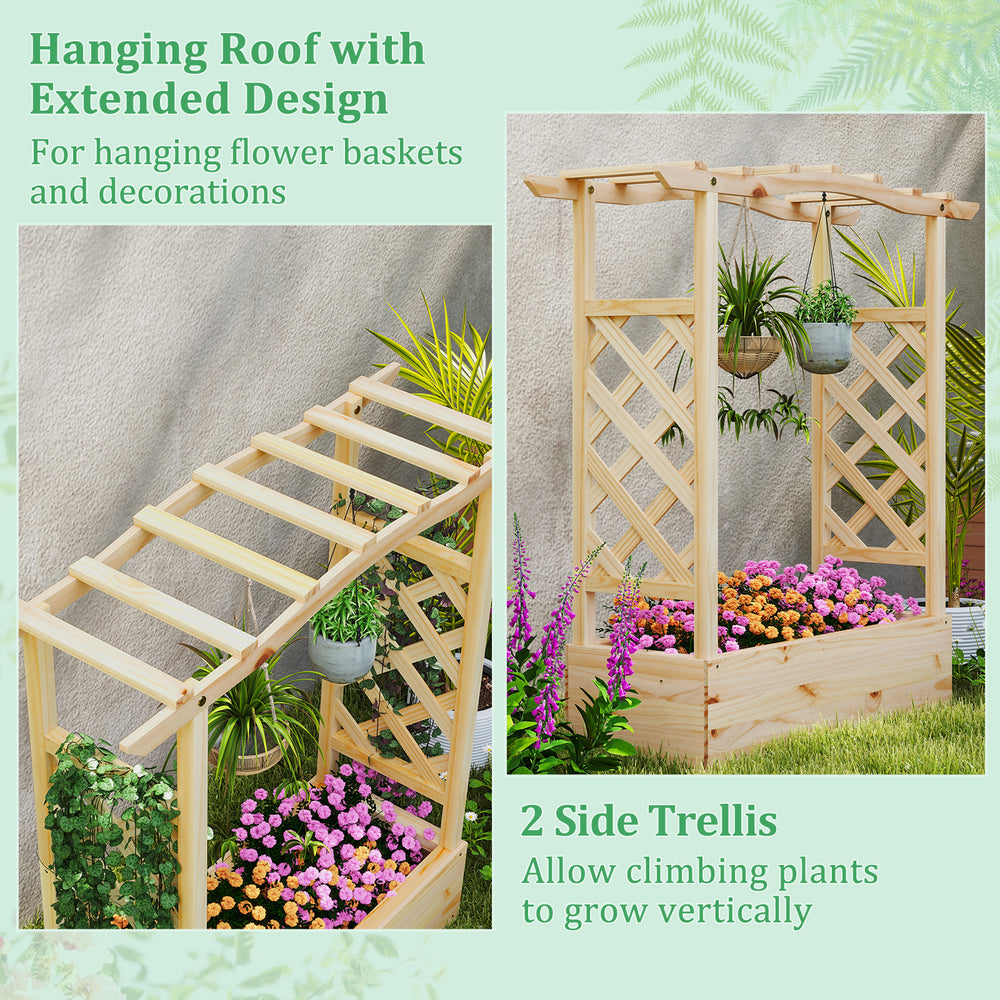 Wooden raised garden bed planter box showcasing side trellis for climbing plants, perfect for outdoor floral displays.