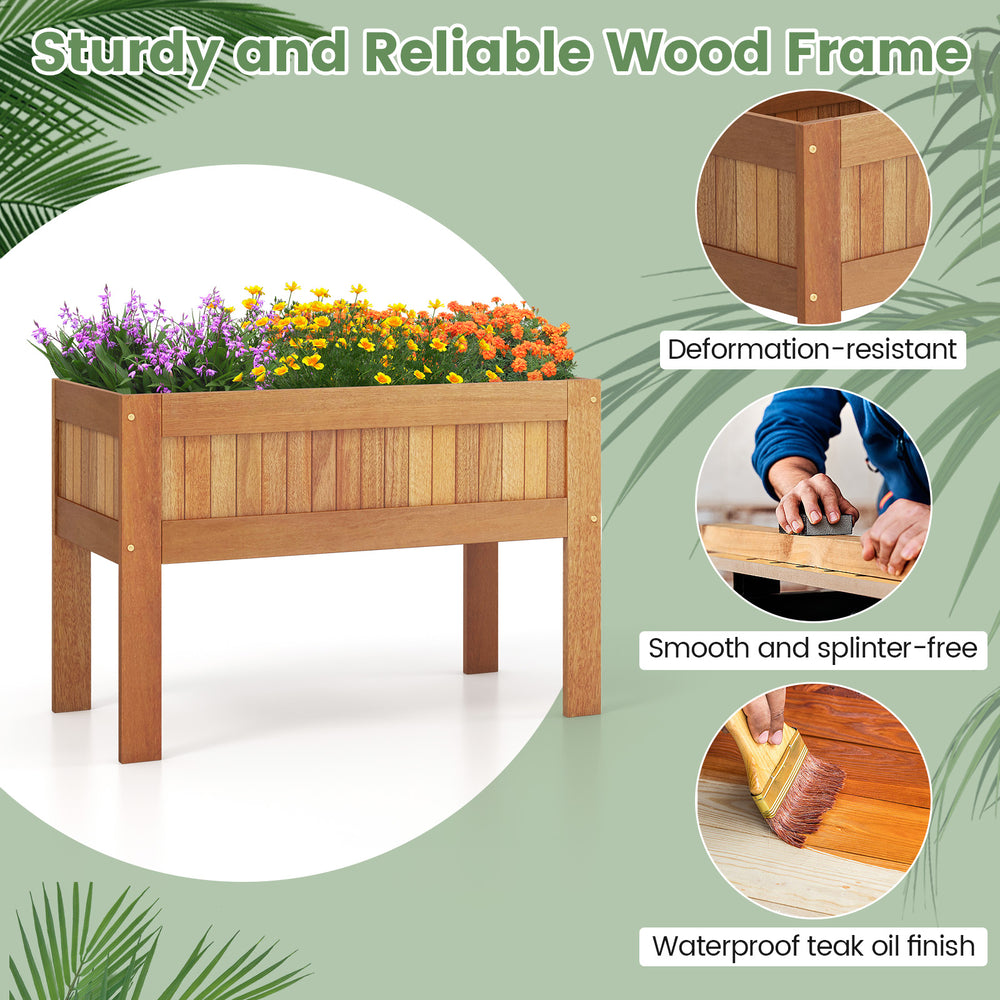 Wooden raised garden bed with legs, crafted from solid wood, waterproof teak oil finish, ideal for indoor and outdoor.