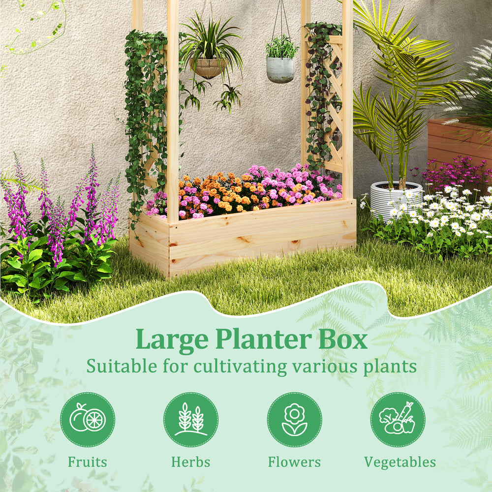 Wooden raised garden bed planter box with trellis and hanging roof, ideal for cultivating flowers, fruits, and.
