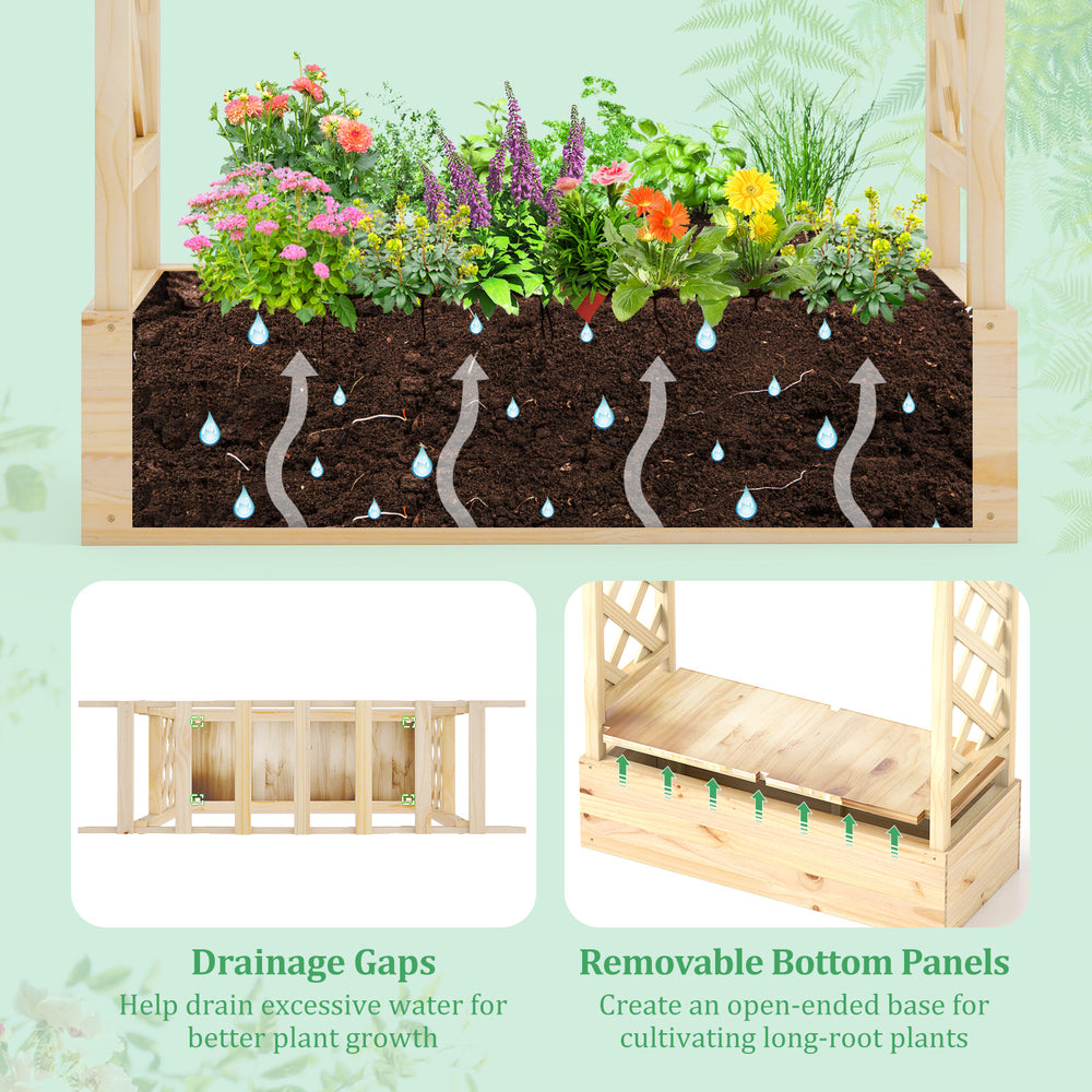 Wooden raised garden bed planter box with trellis, featuring drainage gaps and removable bottom panels for healthy.