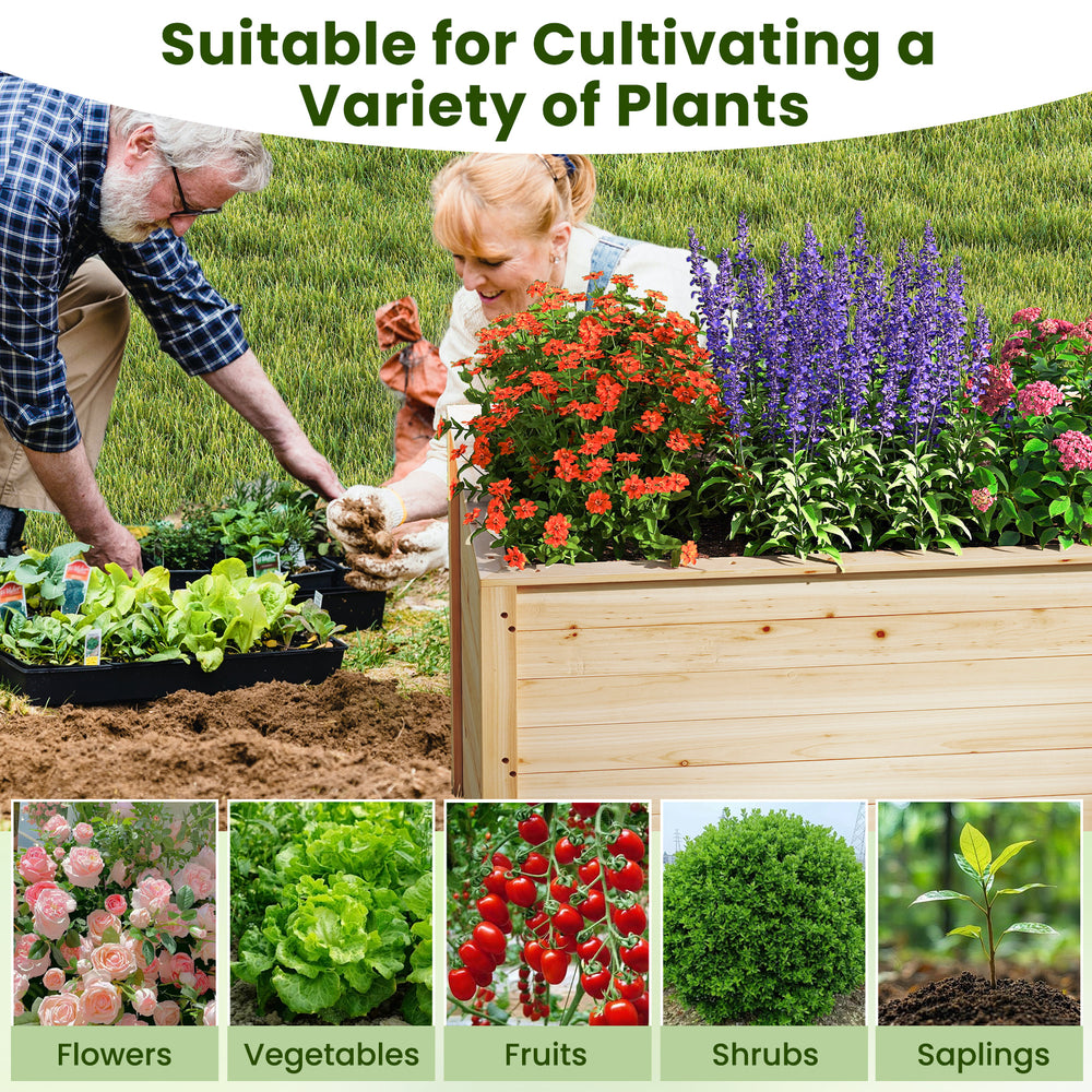 Wooden raised garden bed with vibrant flowers and vegetables, perfect for nurturing deep-rooted plants in various.
