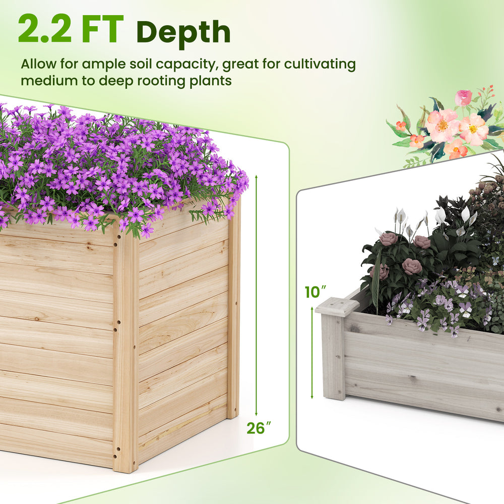Wooden raised garden bed with 26" depth, made of fir wood, perfect for deep-root plants and enhancing soil quality.