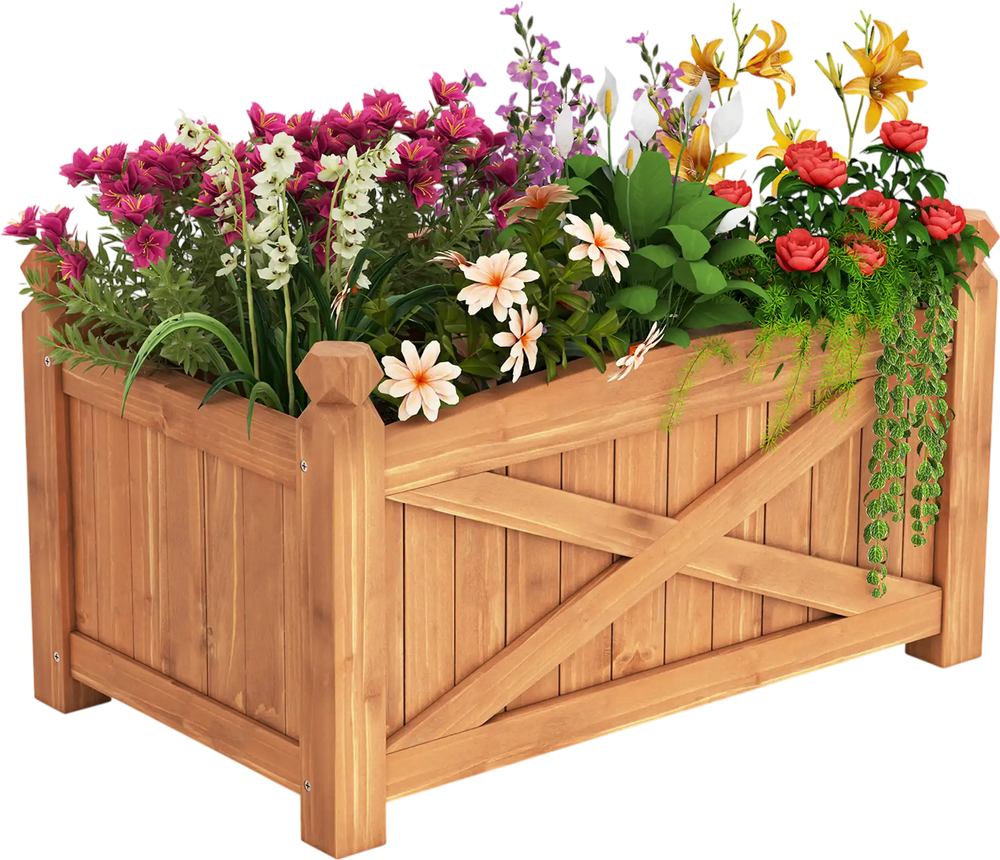 Wooden raised garden bed with vibrant flowers, crafted from solid fir wood, featuring drainage holes for optimal plant.