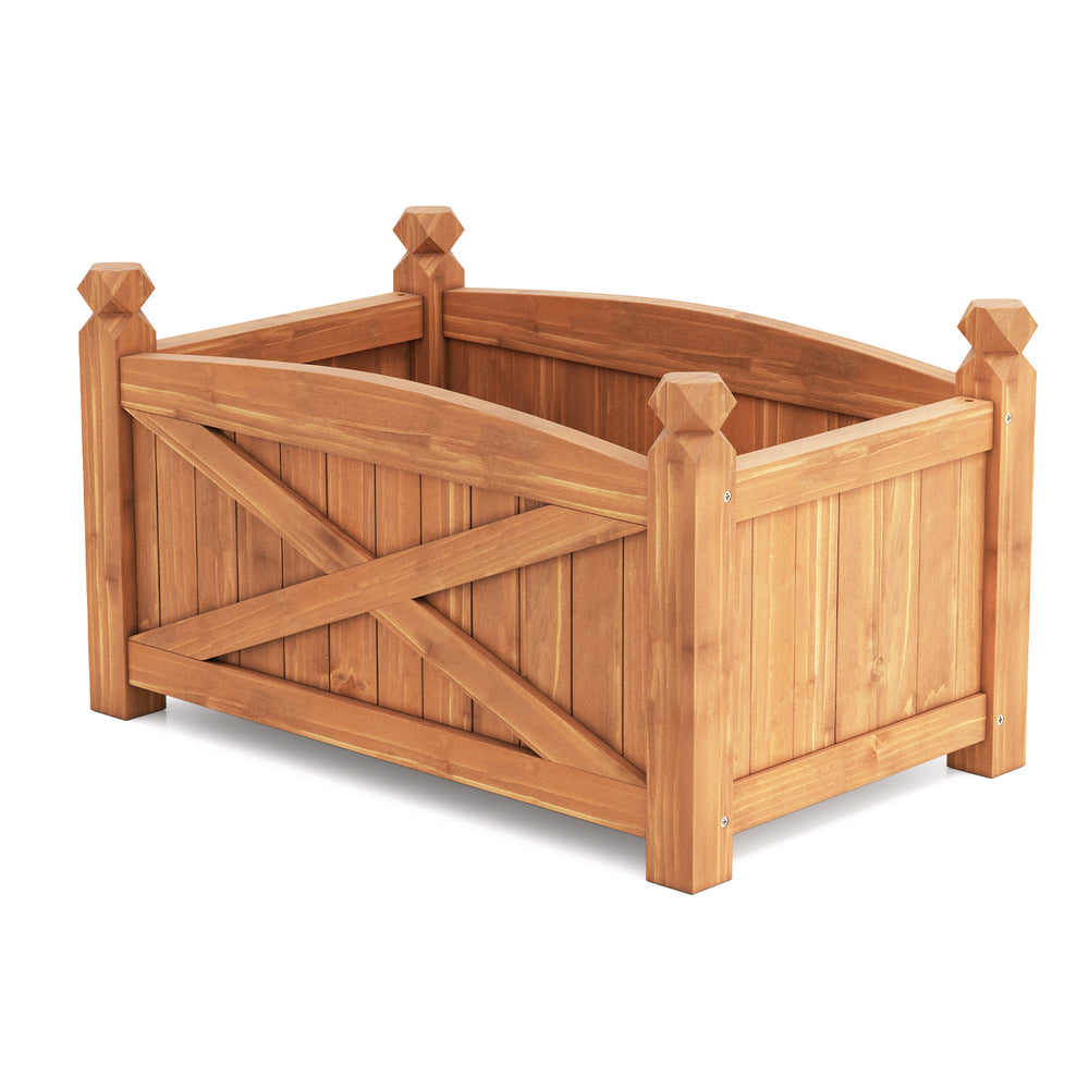 Wooden raised garden bed made of solid fir wood with drainage holes, ideal for patio gardening and long-root plants.