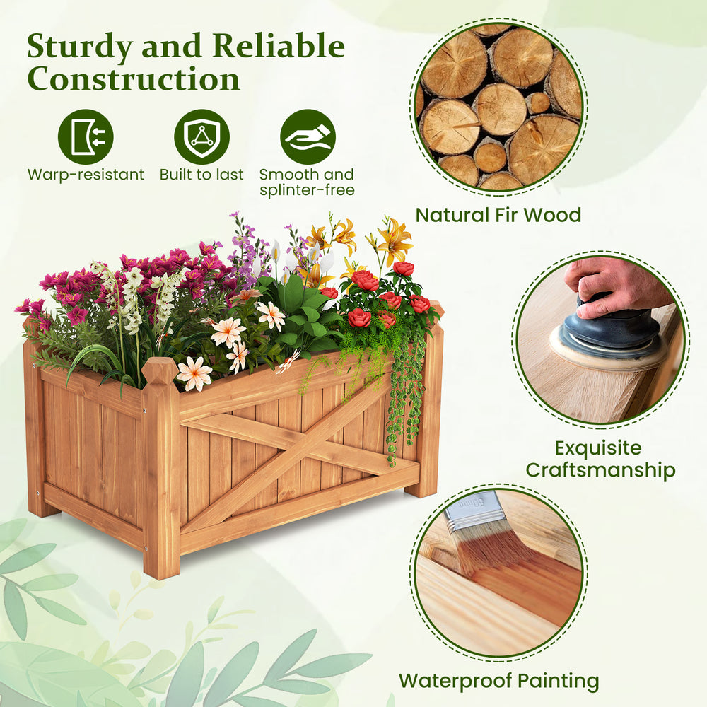 Wooden raised garden bed made of solid fir wood with drainage holes, featuring exquisite craftsmanship for patio.
