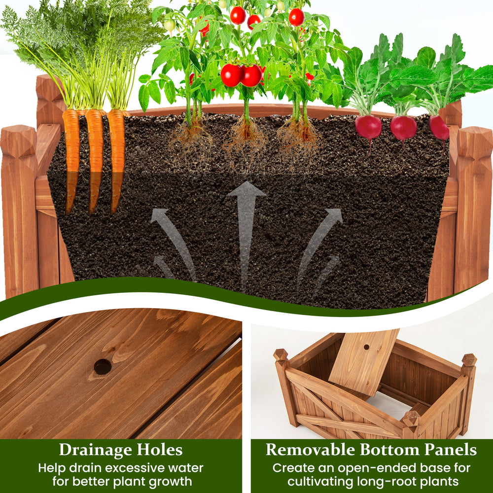 Wooden raised garden bed with drainage holes and removable bottom panels, ideal for patio gardening and long-root.
