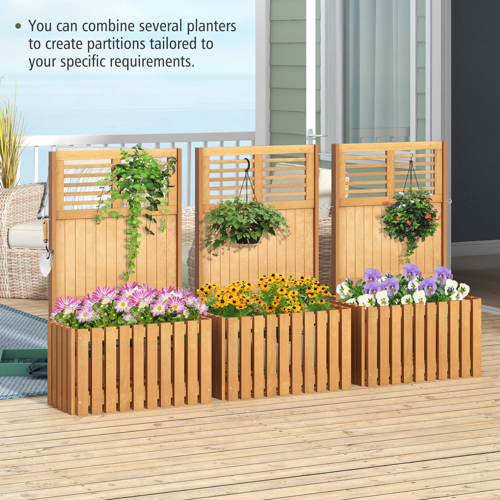 Wooden raised garden bed with privacy screen, featuring slatted design and potted plants, ideal for outdoor spaces.