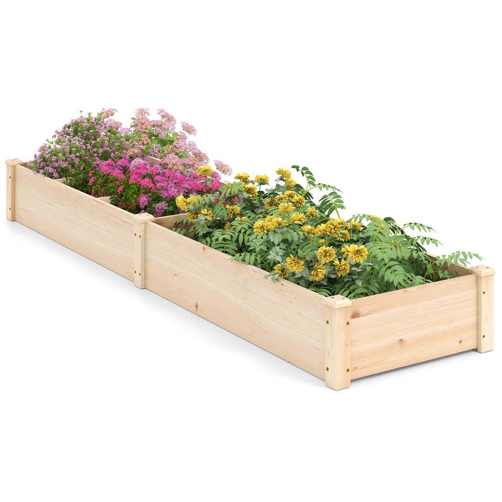 Wooden raised garden bed with two large planter boxes, made of durable fir wood, ideal for growing various plants.